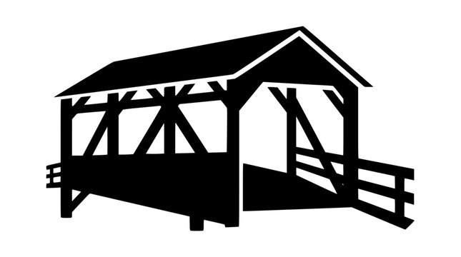 Black silhouette of a traditional rustic wooden covered bridge icon