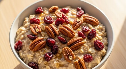 Fototapeta premium Detailed close up of nutritious oatmeal porridge with dried cranberries and toasted pecans, illuminated by warm natural morning sunrays, cooked, nutritious, morning