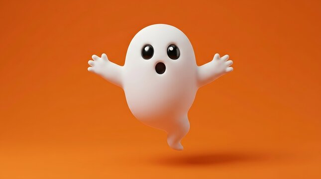 Cute 3d ghost character floating with arms outstretched on an orange background