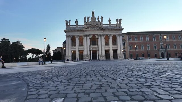 Cinematic View Of The Majestic Facade Of The Archbasilica Of Saint John Lateran In Rome