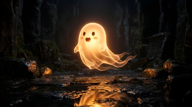 A cute glowing ghost floating in a dark, mysterious stone cavern with reflective wet ground