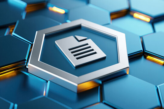 Document icon on blue hexagon technology background with metallic frame and glowing light, abstract digital document cover concept