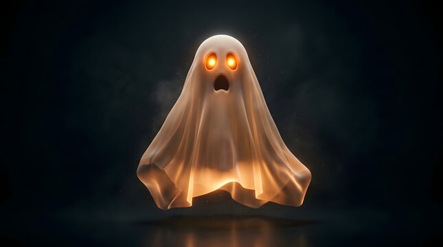 A spooky glowing ghost with wide eyes and open mouth floating in a dark, misty void