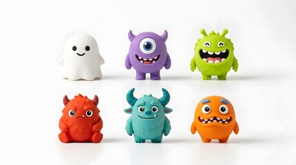 Naklejka premium Collection of six cute colorful monster figurines isolated on white background