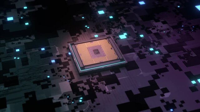 AIチップと電子基板をモチーフにした半導体テクノロジーCGアニメーション