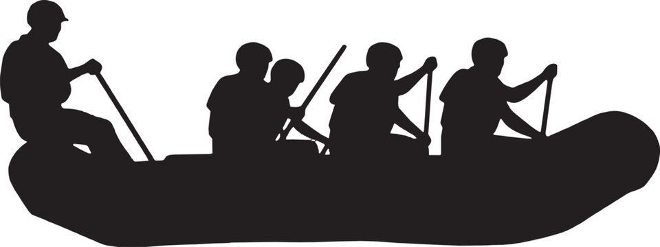 Black silhouette of a group of people rowing together in an inflatable raft for whitewater rafting adventure isolated on transparent background, Vector