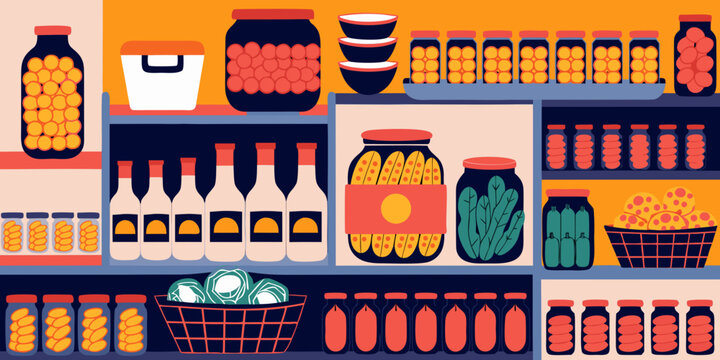 Pantry shelves filled with preserved food jars bottles vegetables and pantry staples in a colorful flat illustration