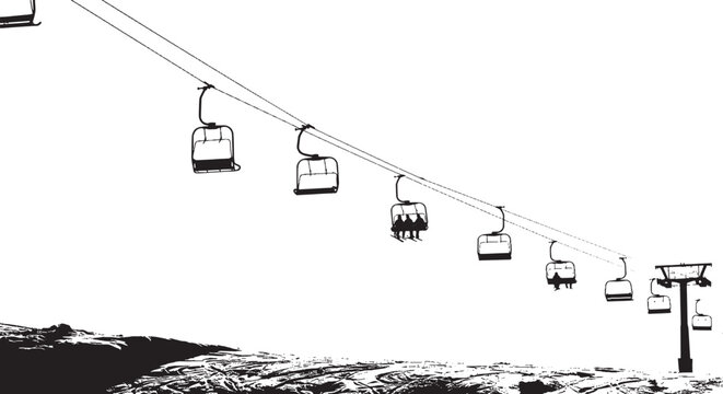 Black and white vector icon of a ski lift chair cable car system for winter sports and mountain resort travel isolated on transparent background, Vector