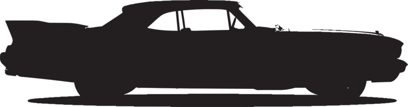 Black silhouette of a classic vintage car viewed from the side isolated on transparent background, Vector