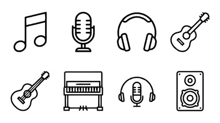 A collection of music icons including notes, microphone, headphones, guitars, piano, and speaker on a white background with eps file reference © sulastri