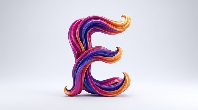 Three dimensional vibrant colorful twisted liquid font letter E isolated on clean white background