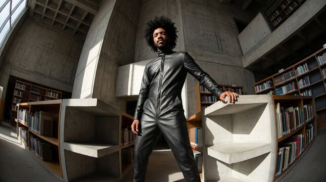 Confident Man in Black Leather Suit in Modern Library
