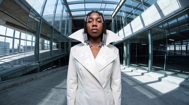 Professional Woman in Modern Glass Building Interior