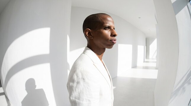 Contemplative Man in White Shirt, Minimalist Interior