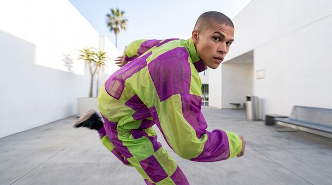 Young Man Running in Bright Neon Tracksuit