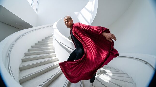 Man in Red Cape Descending Modern Spiral Staircase