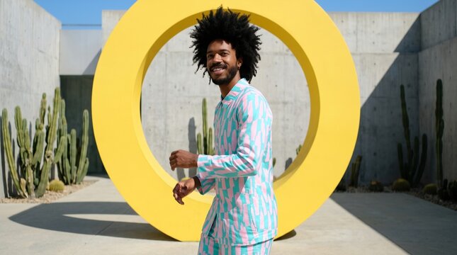 Man in Colorful Outfit Posing Through Yellow Circle Art Installation