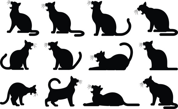Set of cat silhouettes in various yawning and vocalizing vector illustration