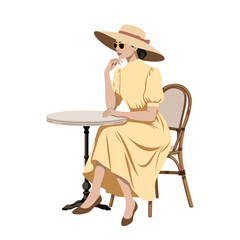 Elegancka wektorowa ilustracja kobiety siedzącej w kawiarni przy stoliku, w letniej sukience, kapeluszu i okularach przeciwsłonecznych – styl modowy i edytorski © Monika