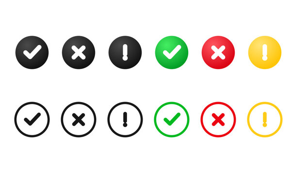 Minimalist check mark and cross icon set, 12 vector symbols for status validation, green tick and red x marks for web interface design