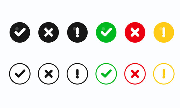 Minimalist checkmark and cross icon set, flat vector validation symbols for UI design, green tick and red x marks for status notification