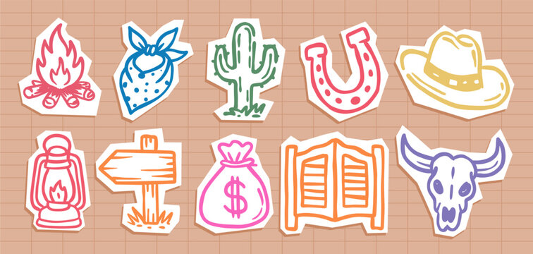 Wild West scrapbook doodle sticker set with hand drawn cowboy elements including cactus, horseshoe, campfire, cowboy hat, lantern, saloon doors, signpost, money bag, and bull skull