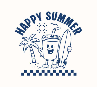 Happy Summer retro cartoon illustration drink cup holding a surfboard beside a palm tree, perfect for t-shirts, stickers, prints, and summer-themed designs