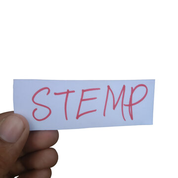 Hand holding paper with the word stemp written in red ink isolated on transparent background