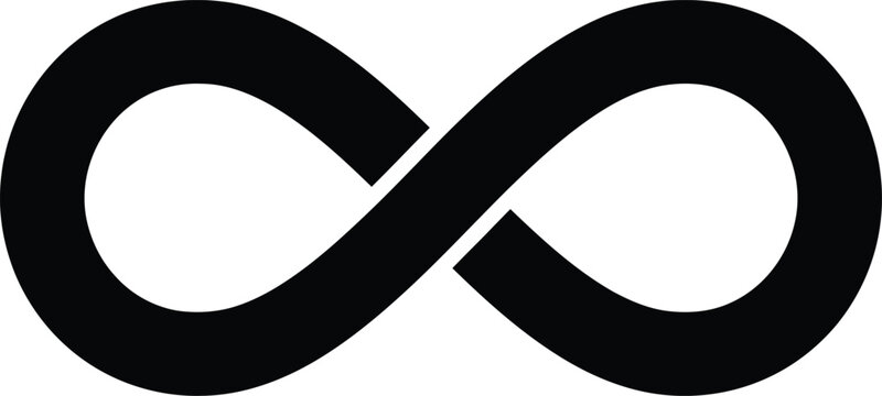 Black infinity symbol on white background, loop endless forever