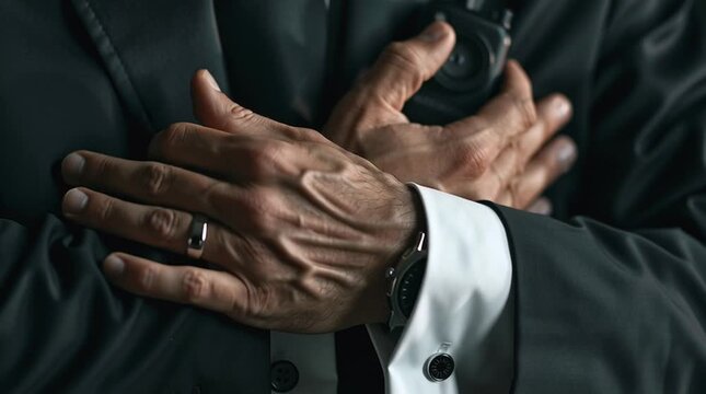 Close up of bodyguard adjusting cufflink beside visible security radio, executive protection, professionalism, vigilance and personal security concept
