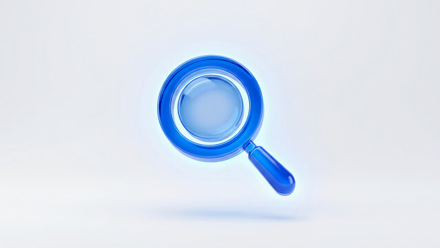A blue magnifying glass on a white background.