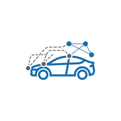 Fototapeta premium A blue icon showing a car with digital network connectivity nodes