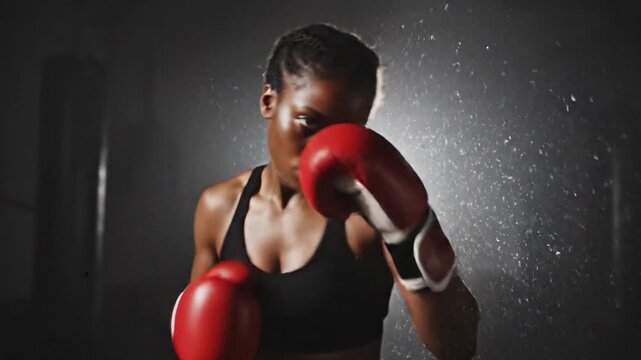 A determined female boxer throws a powerful punch in the gym