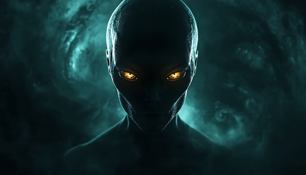 Cinematic Portrait of a Mysterious Extraterrestrial Humanoid with Glowing Eyes in a Dark Space Setting