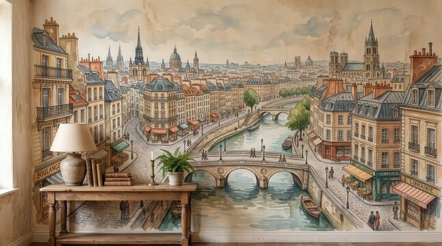 Charming Parisian Scene with River, Bridge, and Cityscape in Elegant Interior Design