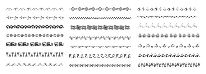 Borders in Ethnic Style. Aztec dividers, hand drawn tribal ornament. Hand drawn motive, doodle decoration. Boho stroke, scandinavian traditional native decor. © Alyona