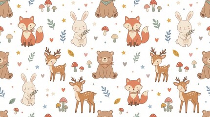 Fototapeta premium Repeating forest friends design: bears, foxes, rabbits, deer, mushrooms, leaves