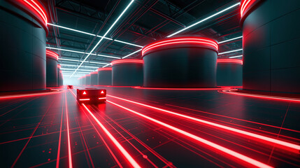 Fototapeta premium Automated guided vehicle in futuristic petroleum plant, glowing red light trail, industrial warehouse, digital transport system, motion blur, dark corridor