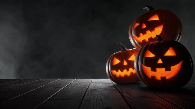 Group of Carved Halloween Jack-O-Lanterns Glowing on Dark Wooden Table with Spooky Smoke Background, Full HD Spooky Motion Graphics