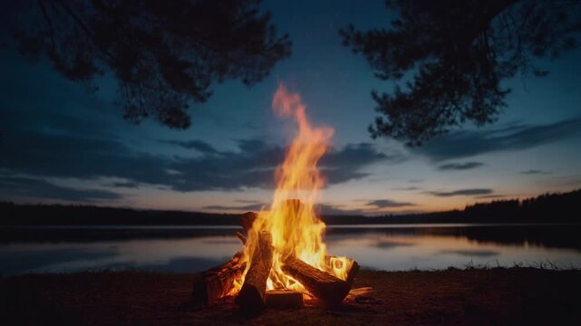 Campfire Burning Brightly on Lake Shore at Dusk, Gentle Flames and Glowing Embers with Scenic Night Background Full HD