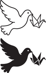Fototapeta premium Flying Dove Carrying Origami Crane Illustration, Minimalist Black and White Vector Art Design