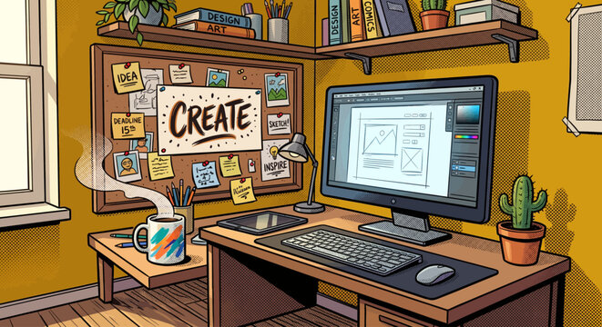 Pop Art Style Creative Graphic Design Workspace with Computer and Mood Board