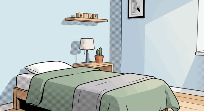 Minimalist bedroom interior in a comic book pop art style with morning sunlight