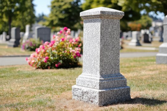 Granite memorial pedestal in spring cemetery