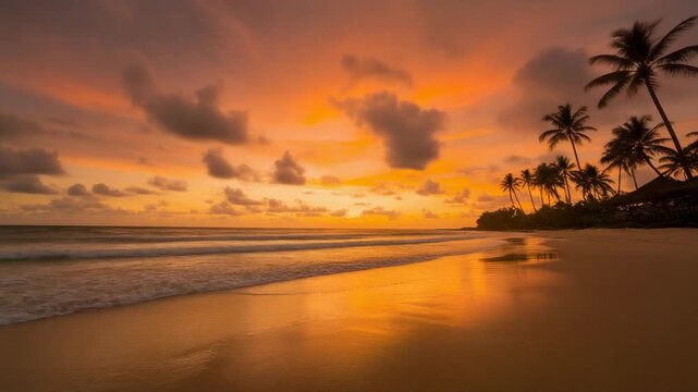 Time-lapse of a Tropical Beach at Sunset with Fast Moving Clouds and Glowing Orange Sky over Palm Trees