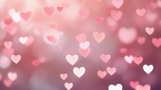 Soft Pink and White Heart Shapes Gently Falling in Slow Motion Against a Romantic Bokeh Blurred Background, Full HD Seamless Loop