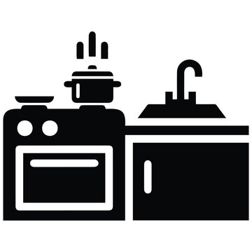 Kitchen scene illustration vector silhouette, stove and sink, cooking and hygiene elements.