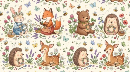 Fototapeta premium Sweet forest animals craft daisy wreaths, pick lavender, and enjoy a charming spring garden