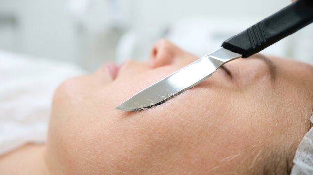 Close up of dermaplaning facial treatment scraping dead skin with blade