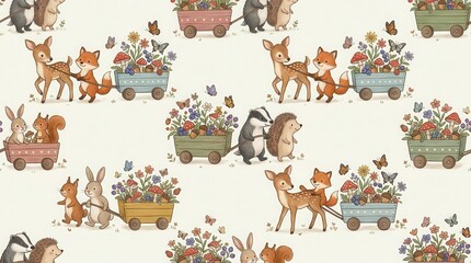 Fototapeta premium Cute woodland animals transport colorful flowers, red mushrooms, and blueberries in small wagons